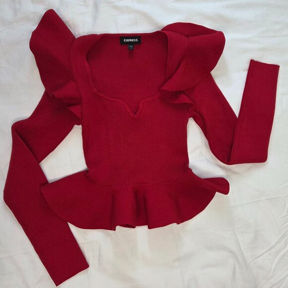 Express Ribbed Sweetheart Neckline Ruffle Peplum Sweater Size S - Picture 4 of 8